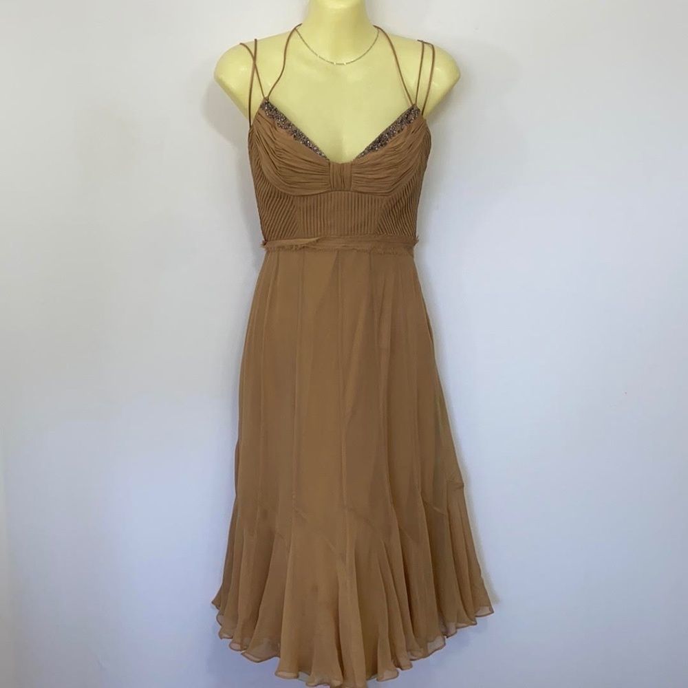 Badgley Mischka Tan Midi Slip Dress with Delicate Straps